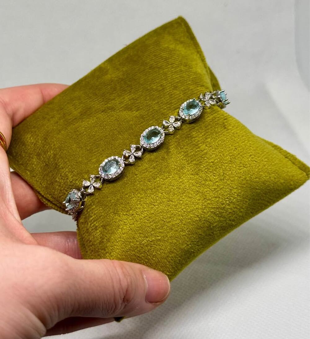 Silver-Tone Light Blue Stone Floral Link Bracelet